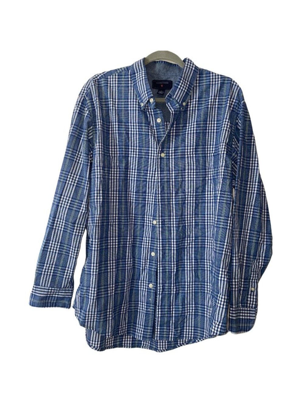 Saddlebred Mens Blue White Plaid Button-Down Shirt L Cotton/Polyester Long Sleev